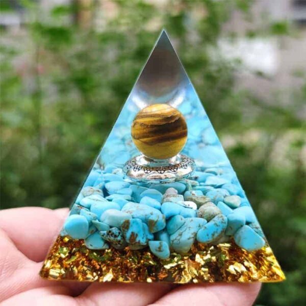 Pirâmide de Orgonite Azul Turquesa + Bola Olho de Tigre