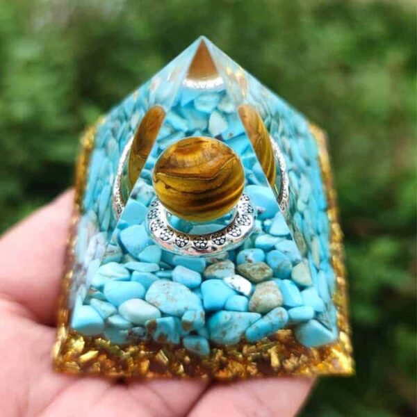 Orgonite Pyramid Blue Turquoise + Tiger Eye Ball - immagine 2