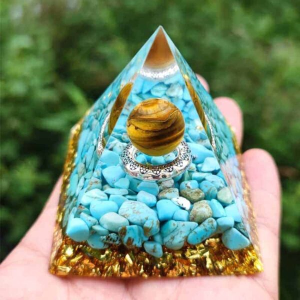 Orgonite Pyramid Blue Turquoise + Tiger Eye Ball – Image 5