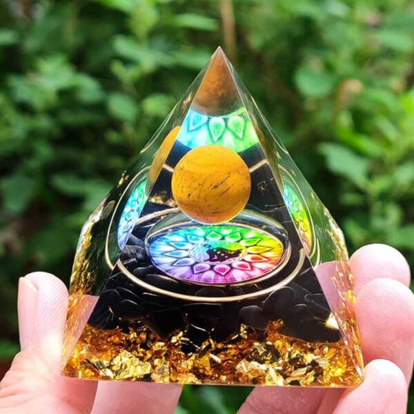 Pyramide d'Orgonite Œil de Tigre avec Obsidienne